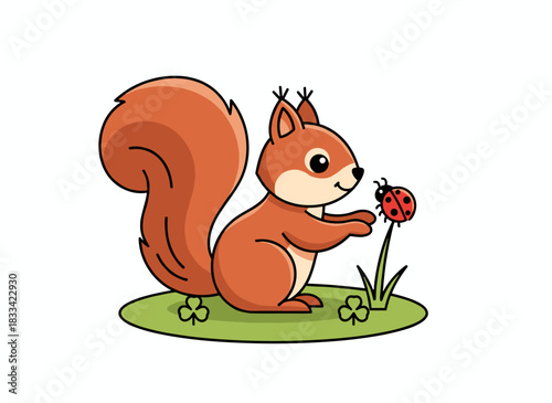 A cute, small squirrel with a bushy tail plays with a ladybug in nature, happily hunting the bug on the grass, depicted as a flat vector illustration on a white background