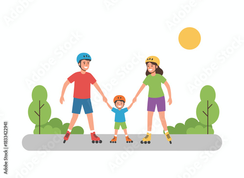 Joyful family enjoys roller skating together in the park while a child learns to rollerblade with parental support, depicted as a colorful flat vector illustration on a white background