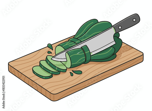 Chopping fresh raw celery using a sharp metal chopper knife on a wooden kitchen board, depicted as a flat vector illustration on a white background
