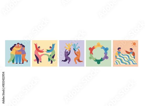 A concept set of information exchange, communication, sharing, and opinion building featuring people depicted with abstract shapes, where creative ideas flow to solve tasks, illustrated as a flat
