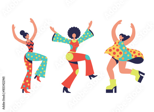 Group of fashionable, trendy dancers performing in eccentric outfits, with youthful, quirky characters showcased in a flat vector illustration set against a white background