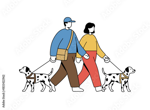 A loving couple strolls with their dogs, holding leashes and leading adorable puppies and companion dogs in a flat vector illustration set against a white background