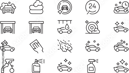 Carwash line icons showing various cleaning methods and tools in a format
