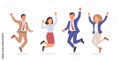 Happy business character people office team. Cartoon happy business person jump flat employee success joy illustration.