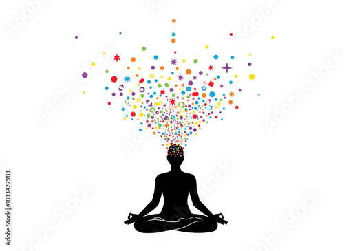 Meditation and enlightenment, feeling vibrations, hand‑drawn colorful illustration