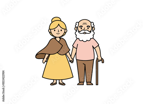 A cheerful elderly couple, a woman and a man with walking sticks, standing together in a colored flat vector portrait, depicting an aged husband and wife on a white background