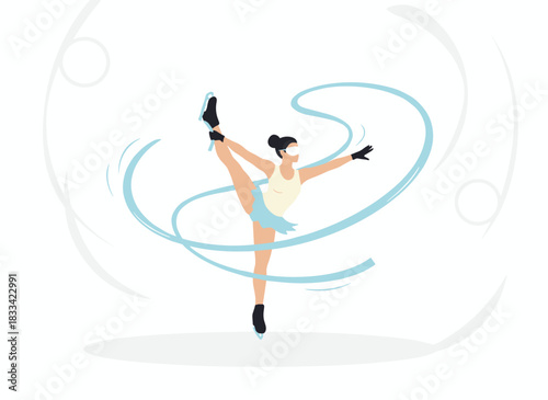 Illustration of a fencing athlete in a mask and professional gear, standing with a sword and attacking with a rapier, holding an epee, presented as a flat vector on a white background