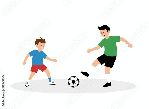 Joyful father and son engage in football, while the dad and child train in soccer; a parent and child participate in a sports game practice, depicted as cute cartoon figures set against a white