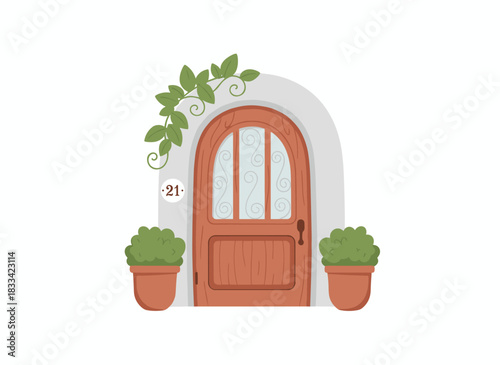 A flat vector illustration of a building's front entrance, featuring an archway with a vintage gold knocker, plants in planters, and a threshold, set on a white background