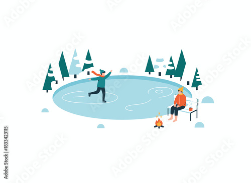 A colorful flat cartoon vector illustration shows people skating on an outdoor ice rink during a cold winter day, while a man and woman enjoy leisure time in nature amid snowy, freezing weather
