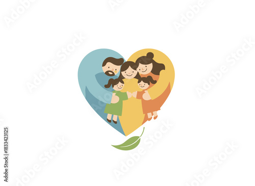 A loving family of a father, mother, and two daughters standing together and cuddling, hugging each other, illustrated as flat cartoon characters on a white background in color