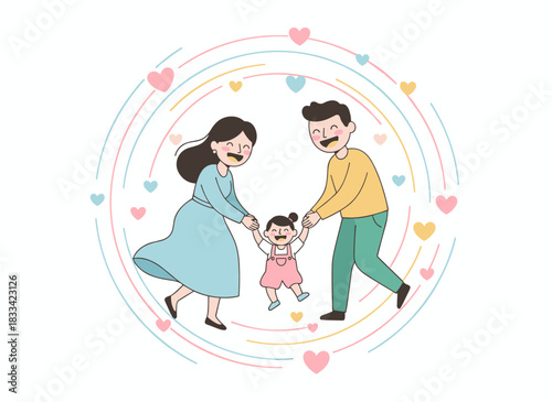 A happy family of father, mother, and daughter strolls hand in hand, depicted as cheerful cartoon characters against a white background in a flat vector style