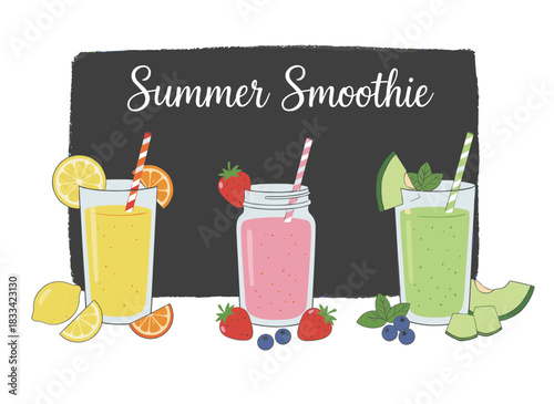 A display of smoothies crafted from fresh, flavorful fruits, berries, and vegetables, served in glasses and jars with straws, accompanied by a banner showcasing healthy detox drinks, tasty soft