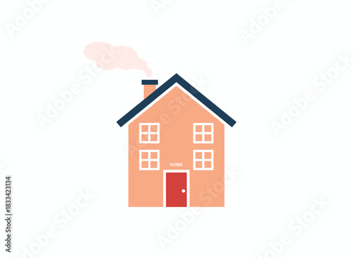 A charming Scandinavian house, complete with a chimney and billowing smoke, sits as a cozy, sweet home in an old town, its small Nordic structure featuring windows, rendered as a flat vector