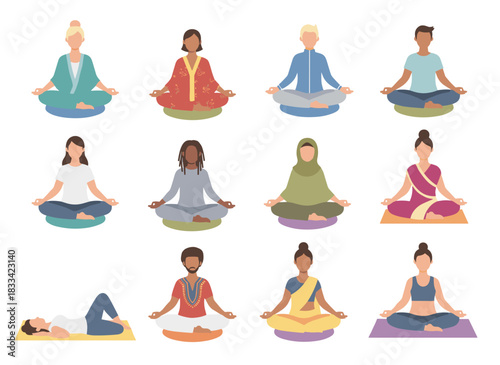 Illustrations of calm, relaxed men and women seated cross‑legged in lotus pose, practicing yoga, meditation, and breathing exercises on mats, presented as flat color vector graphics