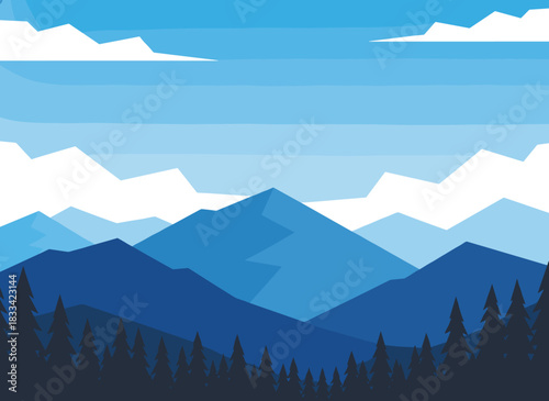 A horizontal backdrop featuring mountains, a colorful mountaineering illustration with space for text, presented as a flat cartoon banner