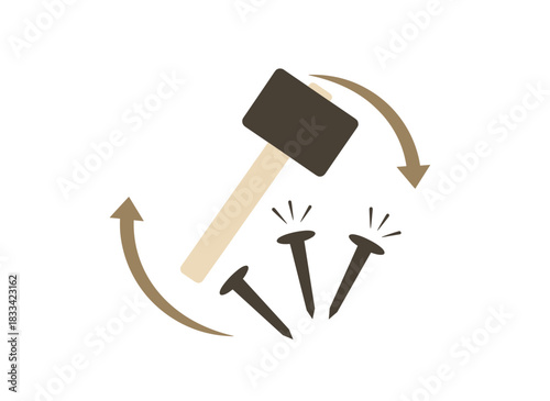 Flat vector illustration on a white background depicting a hammer and nails, carpenter's tools for woodworking, repair, and construction, as manual building equipment