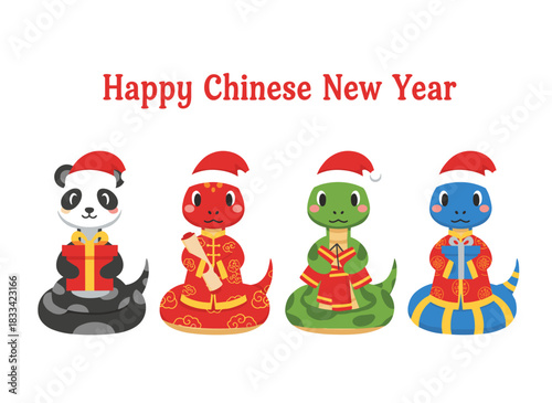Adorable snakes, cheerful Chinese New Year card design featuring playful mascots and cute animals for the Asian lunar holiday, presented as a flat vector illustration on a white background for kids