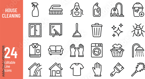 House cleaning icon set featuring tools, detergents, laundry symbols, home hygiene elements, and sanitation graphics in modern editable line style.