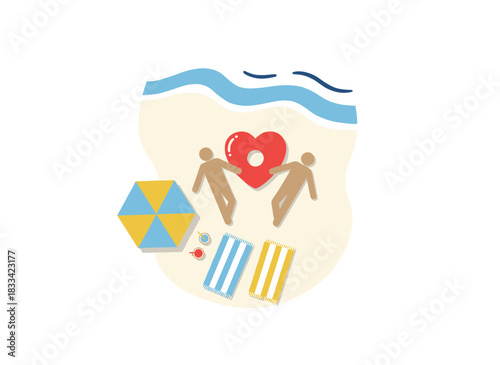 A woman and a man unwind on a summer sandy beach, sharing fruit while on holiday, enjoying Valentine’s sunbathing beside an umbrella and inflatable pool, depicted as a flat vector illustration on a