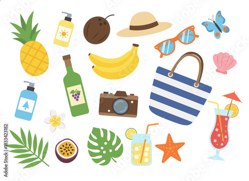 A continuous pattern featuring summer elements on a white backdrop—exotic foliage, a bouquet, a swimsuit, a straw hat, a camera, flowers, fresh fruits, and berries—depicted as a flat, brightly