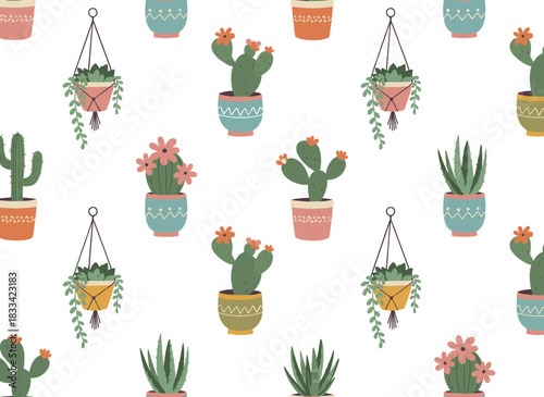 Seamless pattern featuring succulents and cacti on a flat-style background