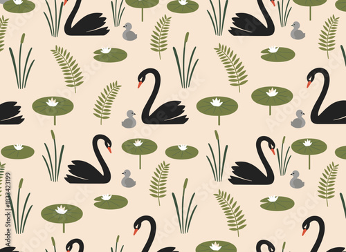 A seamless pattern featuring black swans and a brood of cygnets drifting in a pond or lake surrounded by water lilies and reeds, set against a backdrop of waterfowl, rendered as a flat, colorful