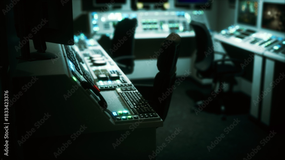 Fototapeta premium In a dimly lit control room, glowing screens and buttons illuminate the space. The setup showcases a blend of technology and design, perfect for monitoring and operations.