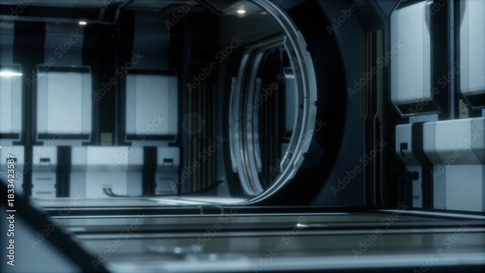 Obraz premium Within a sleek, illuminated corridor, reflections shimmer on polished surfaces, showcasing advanced architecture. The setting exudes a sense of quiet anticipation and advanced technology.
