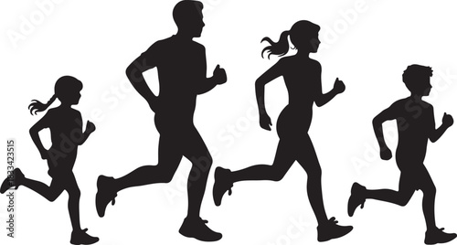 Family group silhouette running together, featuring a man, woman, boy, and girl in motion