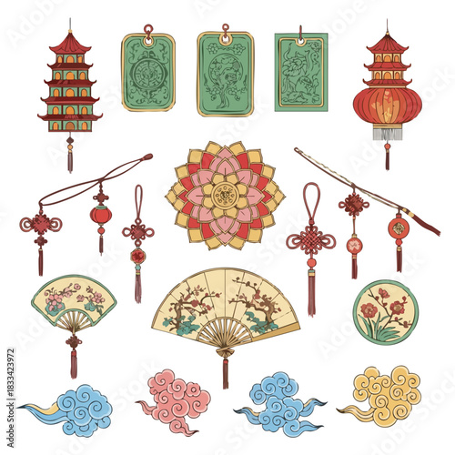 A vibrant collection of Chinese New Year icons featuring pagodas, lanterns, fans, and other festive decorations. Perfect for celebrations, cultural events, and holiday marketing materials.