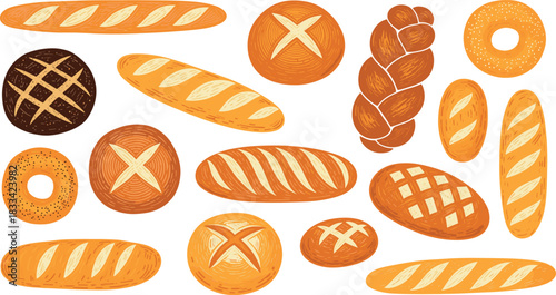 Set of assorted bakery bread illustrations including baguette buns rolls loaves and pastries in rustic hand-drawn vector style