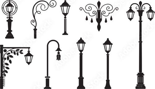 Silhouette set showcases distinct vintage street lamps with varying ornate designs, presented on a transparent backdrop