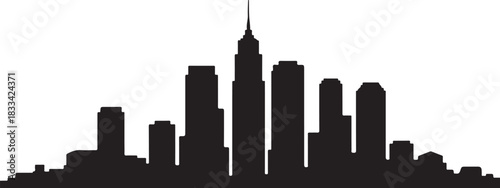 The skyline of a city is strikingly rendered in a bold, high contrast black silhouette