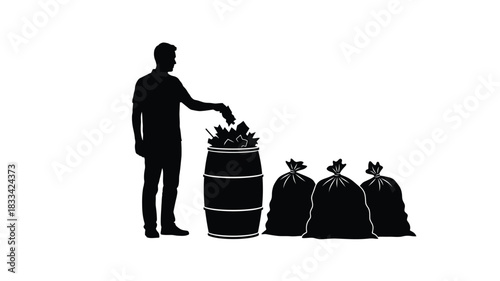 A silhouetted figure is shown depositing waste into a barrel and nearby trash bags