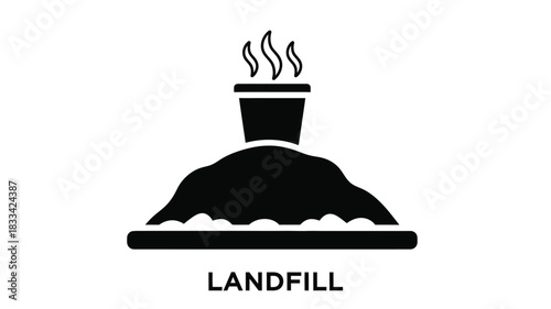 Simple black and white illustration of a smoking landfill with text below it