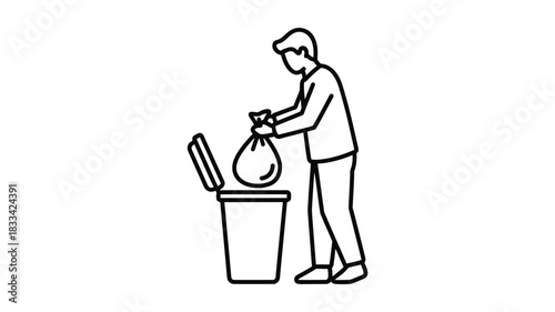 A simple line drawing depicting a person throwing trash into a waste bin