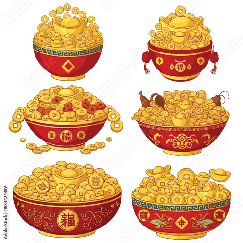 A set of six digital illustrations of red Chinese New Year themed treasure bowls filled with gold coins and jewels on a white background. Perfect for Chinese New Year icon packs, cultural