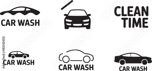 This shows diverse monochrome car wash icons with automotive themes and text