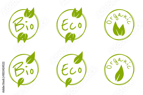 Green Bio Eco Organic Round Circle Badge Sticker Stamp Info Label Sign Icon Set for Product and Package with Leave Symbol. Vector Image.