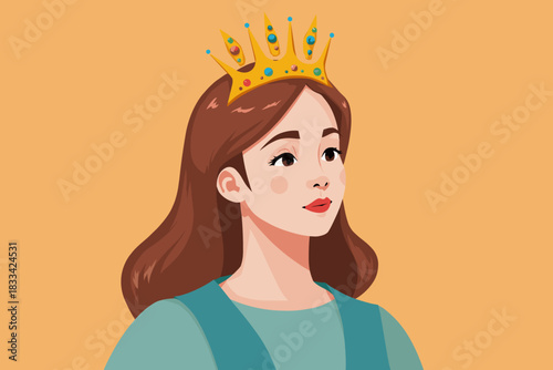 Young woman with golden birthday tiara, flat minimalist illustration in warm pastel colors, confident self love and celebration queen concept on orange background with copy space