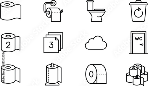 Bathroom and toilet paper icon set, hygiene symbols, WC door, tissue roll, recycling bin, vector illustration, restroom essentials