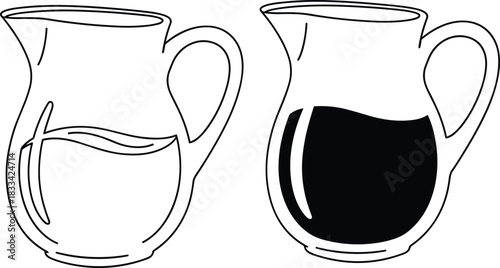 Vector illustration of two pitchers with liquid levels showing empty and full jug designs, kitchen container silhouettes for beverage, food and drink concepts