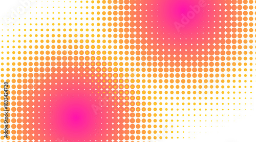 Vibrant halftone dot pattern with gradient background in pink orange and yellow colors creating modern dynamic abstract design