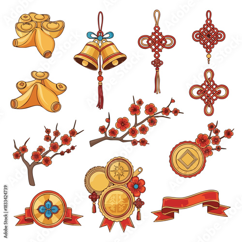 A collection of vibrant Chinese New Year icons featuring golden coins, red lanterns, and blossoming branches. Perfect for celebrations, cultural festivals, and holiday decorations.