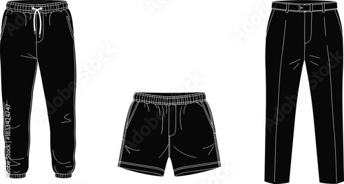 Collection of black vector pants, joggers, and shorts with detailed stitching, fashion apparel illustration for clothing design, garment template and sewing reference