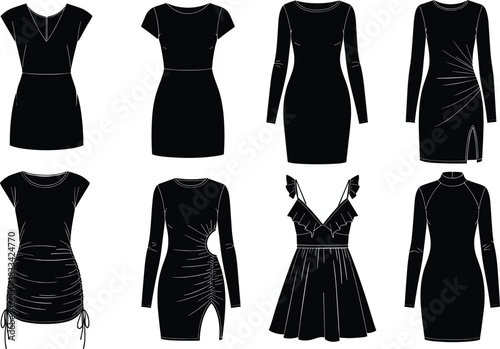 Collection of elegant women’s dress silhouettes featuring mini, bodycon, cut-out, ruched, and evening styles in stylish modern black vector design
