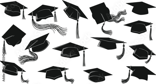 Collection of graduation cap silhouettes featuring various mortarboard designs with tassels, ideal for academic celebration graphics, ceremony decoration, and vector artwork