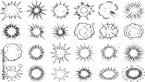 Various comic book style explosion bursts and impact effects create energy on white