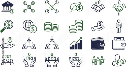 Finance icons set, banking investment savings currency exchange business growth, green navy theme, flat design, flat vector illustration